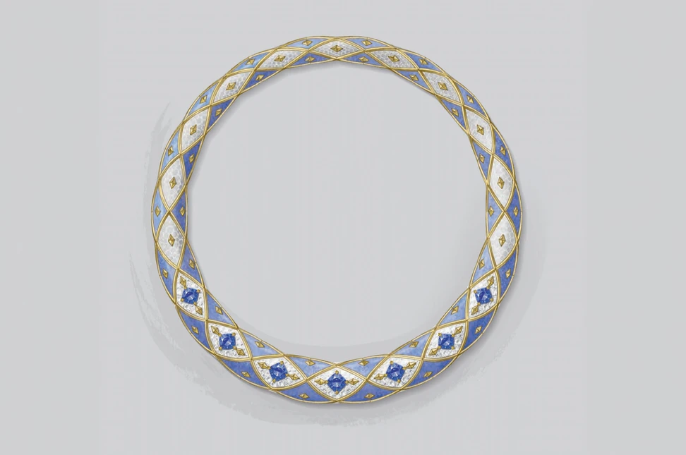 In the Pineapple suite, Tiffany translates the criss-cross geometry of the fruit's skin in a lattice of yellow gold over unenhanced Sri Lankan sapphires, lavender paillonné enamel and diamonds
