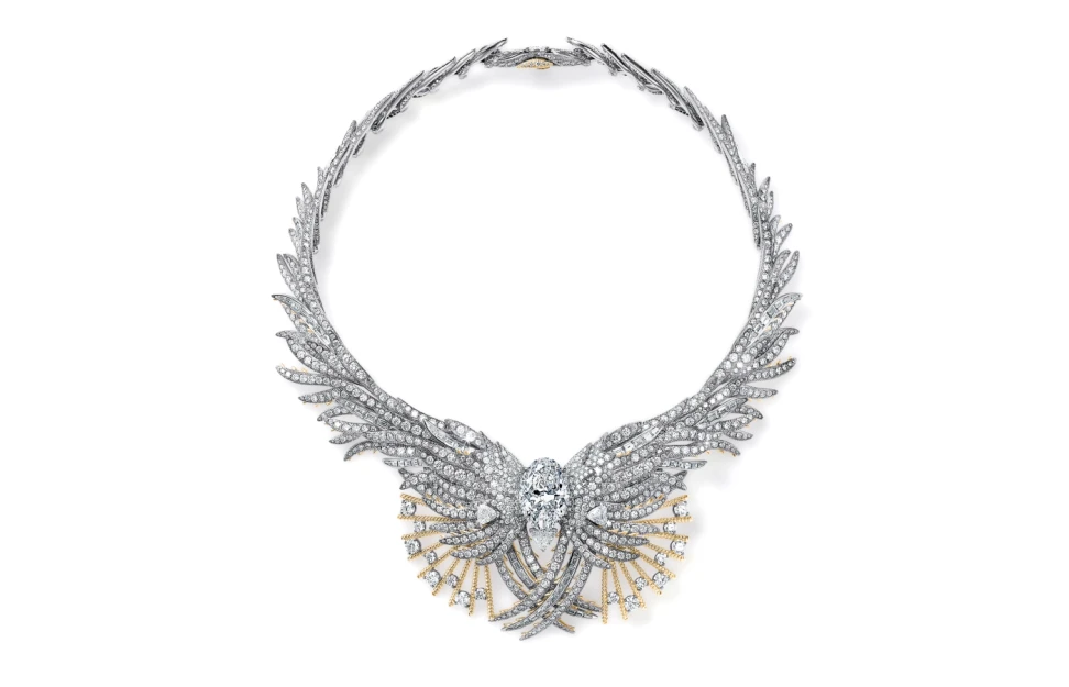 <p>Tiffany & Co Céleste Wings necklace with a diamond of over 20-carats and diamond accents in platinum and 18k yellow gold</p>