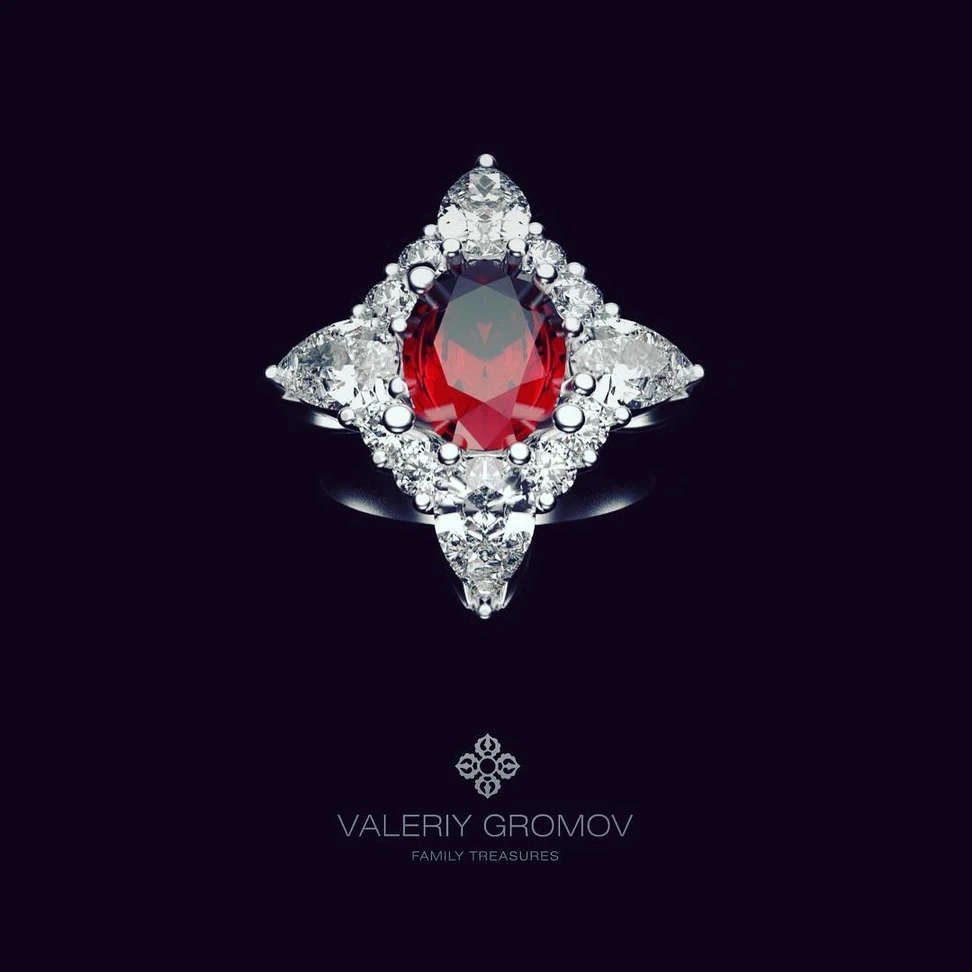 <p>Bespoke Valeriy Gromov ruby and diamond ring in 18k white gold</p>
