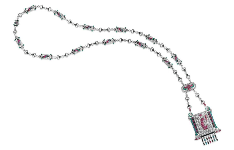 <p>Van Cleef & Arpels Arpels ruby, emerald, onyx and diamond Egyptian Revival sautoir – Included in the Christie’s The World of Heidi Horten: Magnificent Jewels Part I auction</p>