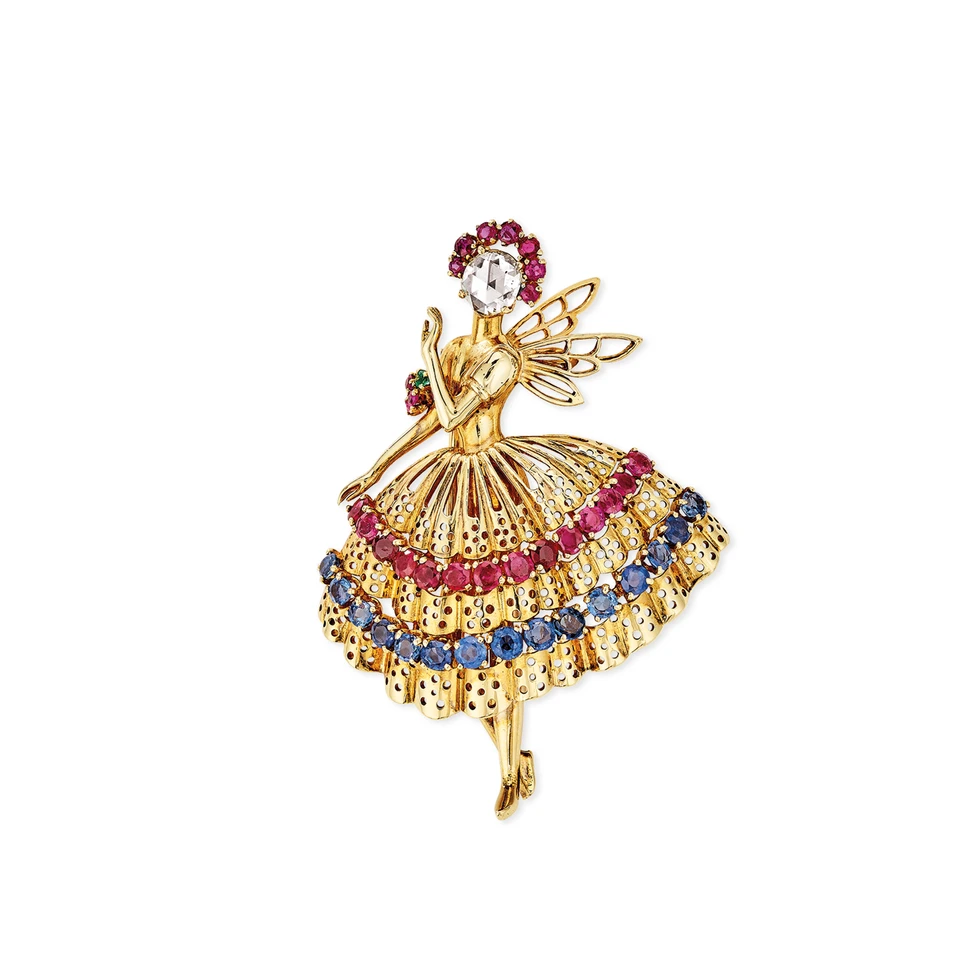<p>From the archives: a diamond, ruby and sapphire Ballerina clip by Van Cleef &amp; Arpels from 1947</p>
