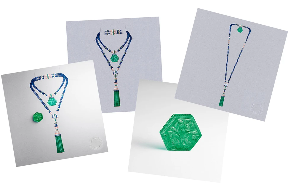 <p>Van Cleef&Arpels ‘Romeo and Juliet’ collection ‘Giardino’ transformable sautoir with 81.07ct carved Colombian hexagonal cut emerald, accenting emeralds, sapphires and diamonds in rose and white gold</p>