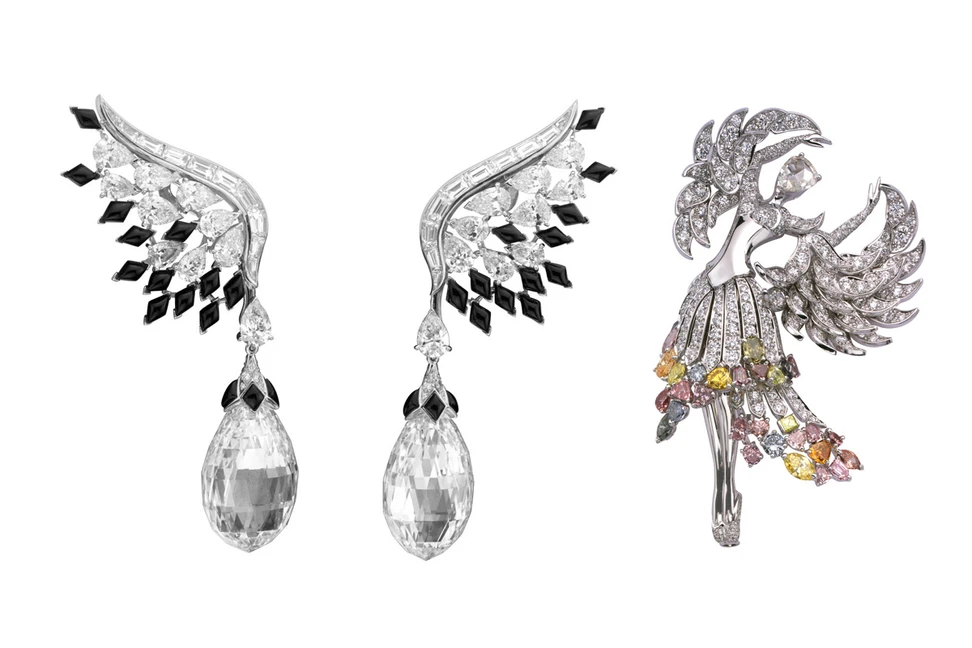 <p>Left: Van Cleef&amp;Arpels Bals de Légende collection earrings with onyx and diamonds. Right: Van Cleef&amp;Arpels Isadora clip</p>

