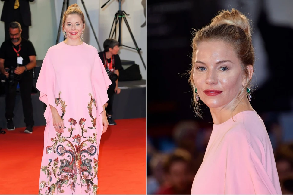 <p>Sienna Miller wearing Bulgari earrings with Zambian emeralds, diamonds, spinels and buff-top cut amethysts, and ring with spinel, emeralds, rubies and diamonds</p>