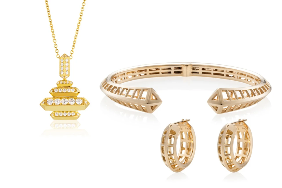 <p>Vertigo jewellery in yellow and rose gold by Nicholas Lieou, dedicated to New York skyscrapers</p>