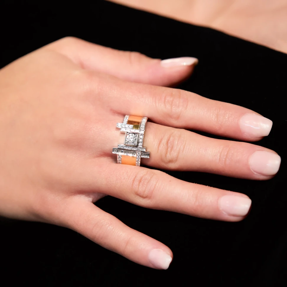 Winner of the People’s Choice Award: The Complex ring by Michael Villani of Villani Jewellers set with round brilliant- and baguette-cut diamonds in yellow and white gold