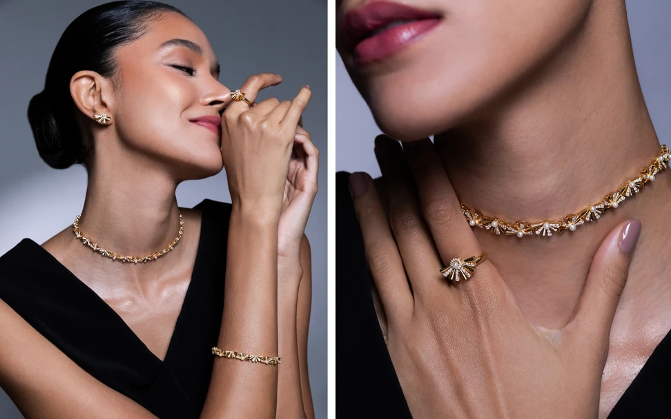 <p>A model wears pieces from the Yka Pearl Fan collection, set with natural Bahraini pearls and diamonds in yellow gold </p>

