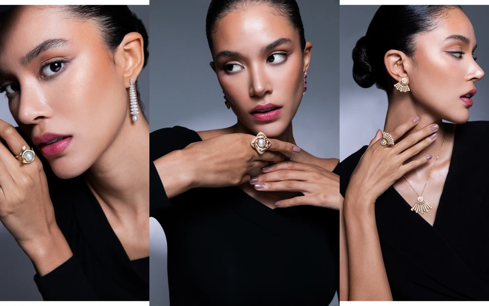 <p>A model wears pieces by Yka Pearls, including the Fan collection (right) with natural Bahraini pearls and diamonds </p>
