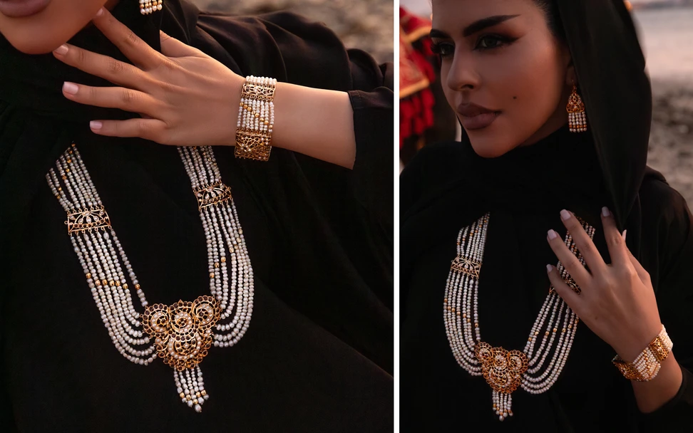 <p>A model wears the Jelada necklace by Yka Pearls with natural Bahraini pearls to embody the beauty of tradition and the essence of the brand’s pearl heritage </p>

