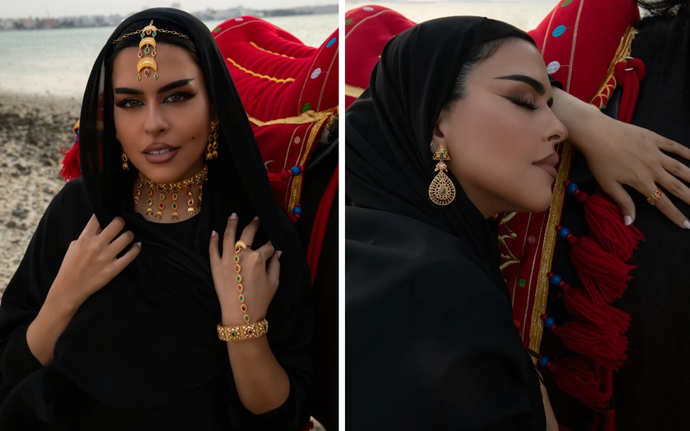 <p>A model wears pieces from the Mertasha collection by Yka Pearls (left), set with emeralds diamonds and rubies, and a pair of 21k gold earrings adorned with emeralds and rubies (right)</p>
