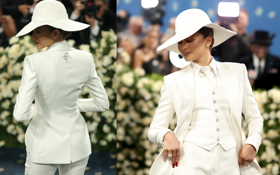 <p>Zendaya’s all-white look caused a stir on the red carpet, including a Bvlgari High Jewellery Serpenti brooch affixed to the back of her suit</p>