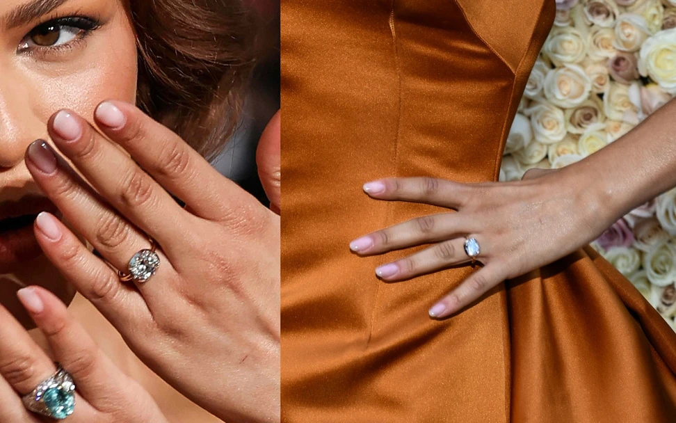 <p>Zendaya&#8217;s east-west diamond engagement ring from Jessica McCormack </p>
