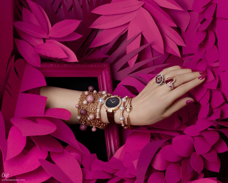 <p>de Grisogono Boule bracelet in rose gold with white 4.61 cts of diamonds and pink sapphires; Yoko London bracelet in 18K rose gold with South Sea pearl and diamonds ; Harry Winston Premier Pearly Lace 36mm watch in 18K Rose Gold, 2.47 cts of diamonds and mother-of-pearl; Yoko London bracelet in 18K rose gold with 3 South Sea pearls and diamonds; Bulgari Serpenti bracelet in 18K rose gold, rubellites and diamonds; Chopard Precious Chopard ring in 18K white gold with rubies and diamonds; Chopard Red Carpet ring with a rubellite and diamonds</p>
