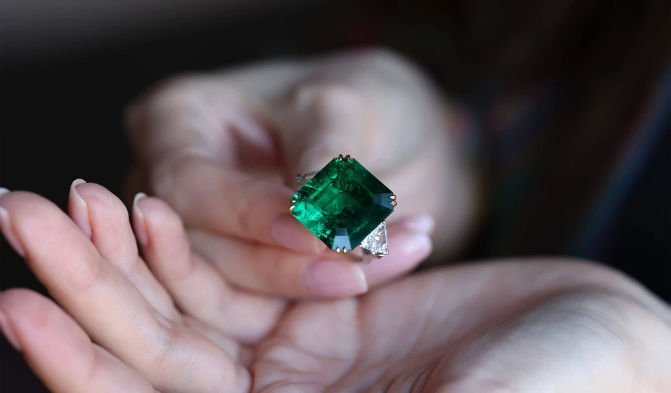 <p>A large step-cut emerald and diamond ring at Hayrat Fine Gems in Dubai</p>
