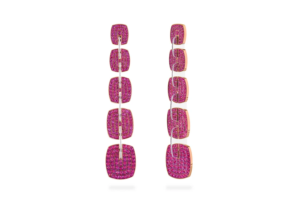 <p>Fabio Salini ‘Mirror’ earrings in 18K gold and titanium, set with 12.97ct rubies and 0.56ct diamonds</p>
