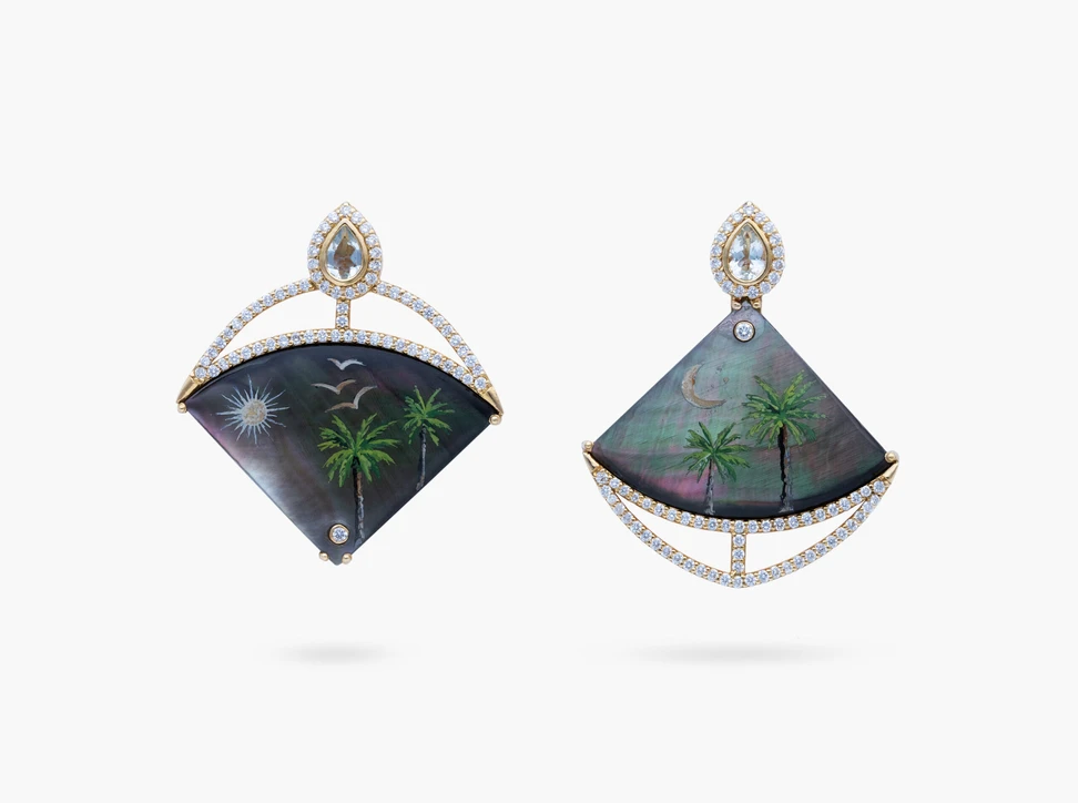 <p>Kyan Jewelry Bahraini Palm Trees Mismatched earrings with hand-painted mother of pearl, pear-shaped aquamarines, and diamonds in 18k gold </p>