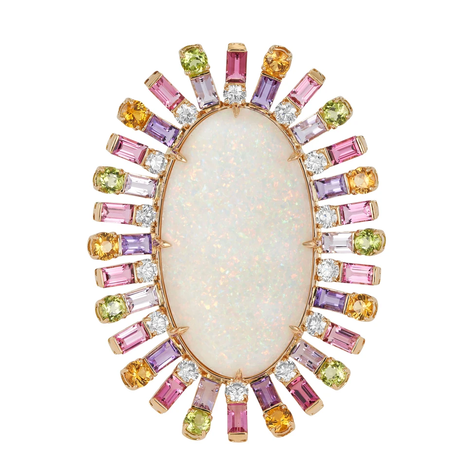 <p>Margot McKinney Galah ring in 18K yellow gold, set with a 40.46ct white opal, diamonds, yellow sapphires, amethysts, rose de France, peridots and pink tourmalines</p>
