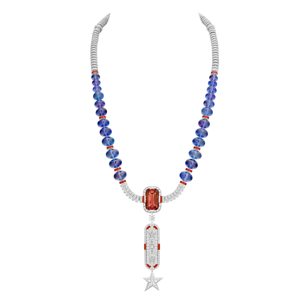 Chanel Symbole étoile necklace and earrings in white gold, set with diamonds, tanzanite beads, imperial topaz, spessartite garnets and carnelian