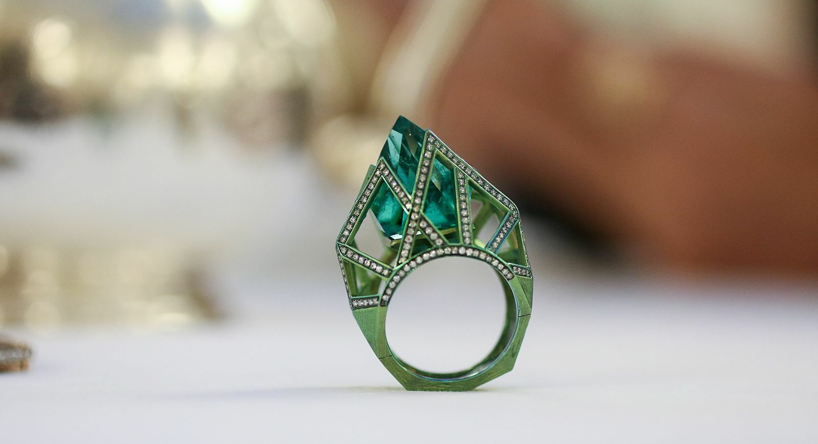 VMAR Orion emerald gemstone ring with diamonds in green titanium