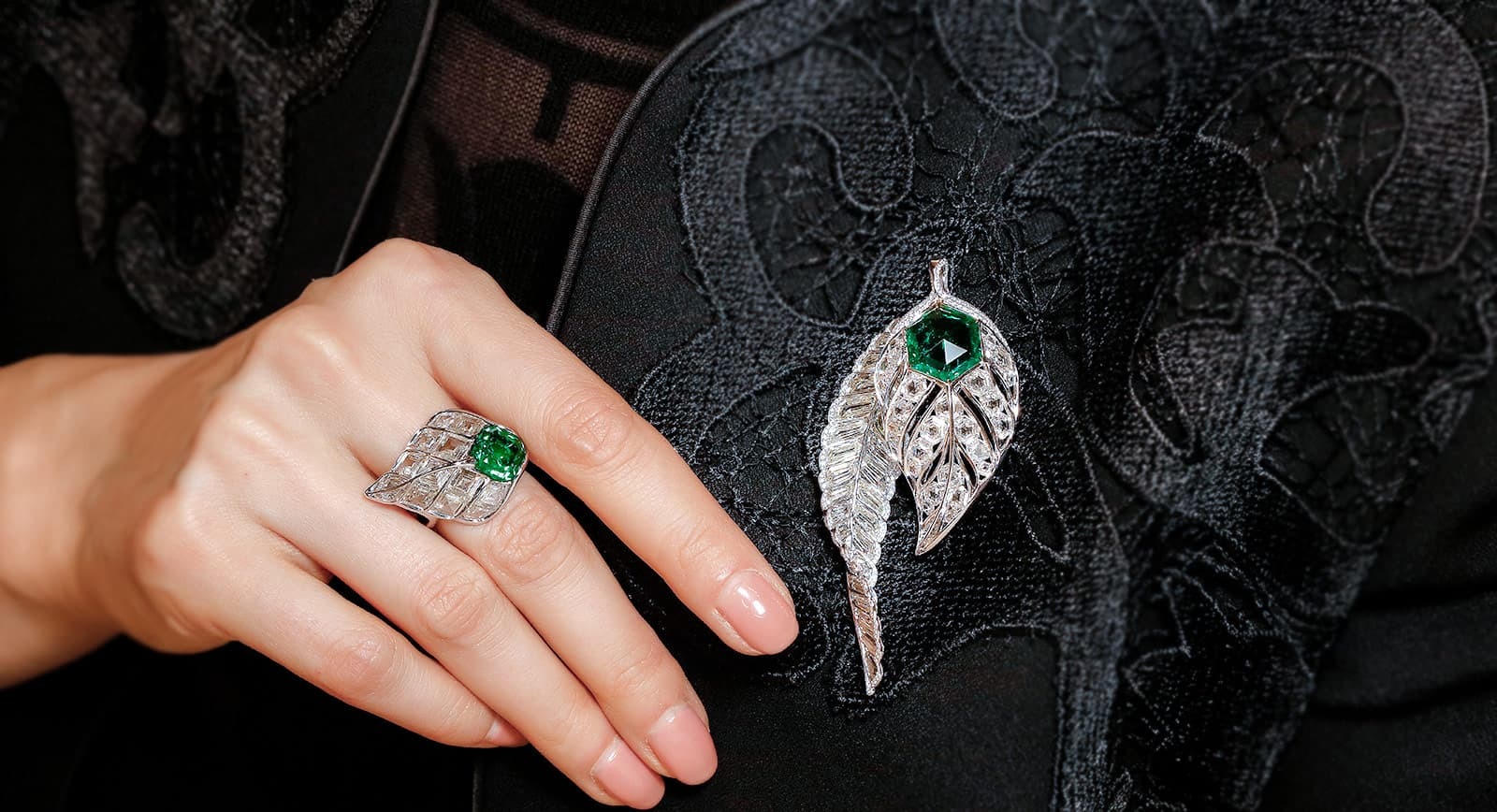 FORMS jewellery emerald and diamond ring and brooch