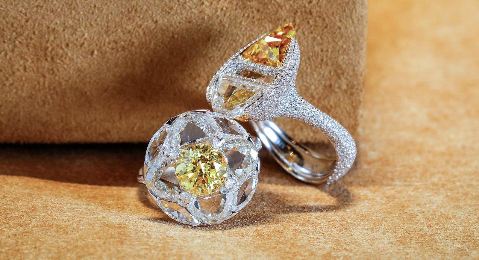 Boghossian floating diamond ring designs with yellow and colourless diamonds 