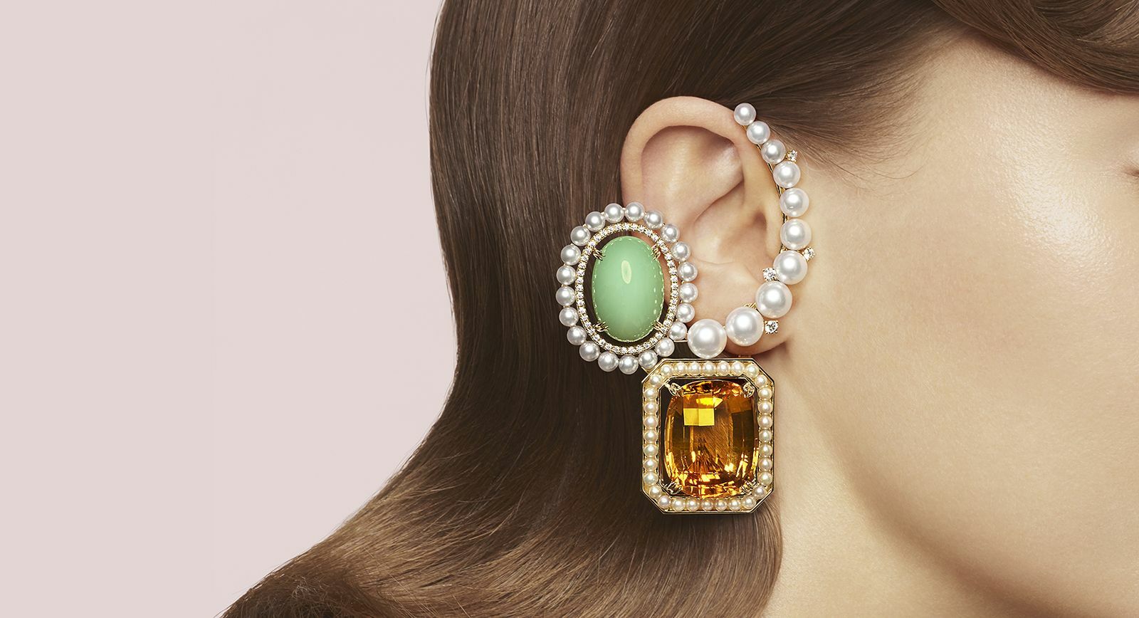 TASAKI Atelier Ore earring in yellow gold with Akoya pearls, South Sea pearls, diamonds, citrine and opal