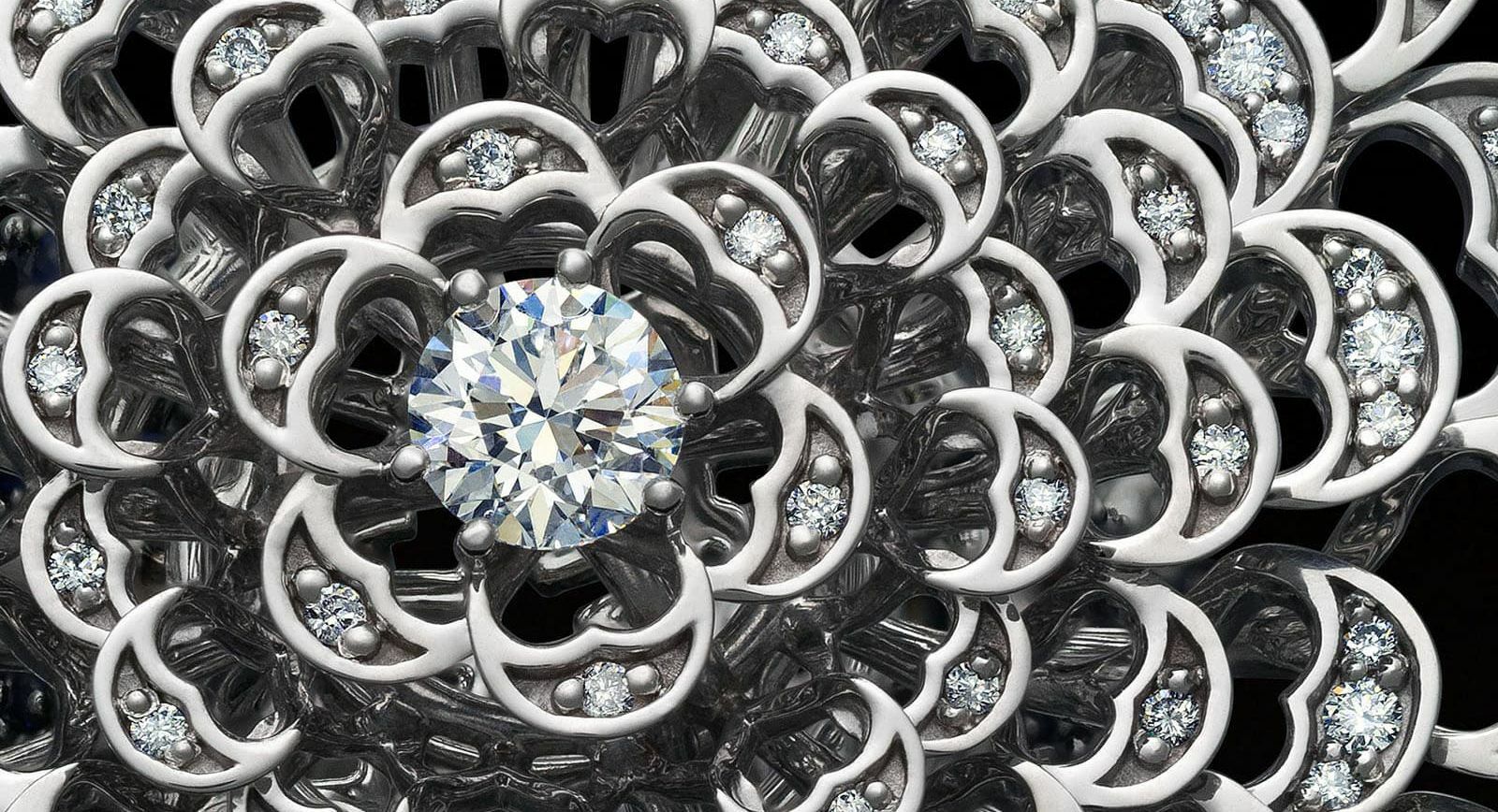 Izmestiev Diamonds Chrysanthemum ring in white gold with sapphires and diamonds from the Japanese Garden collection