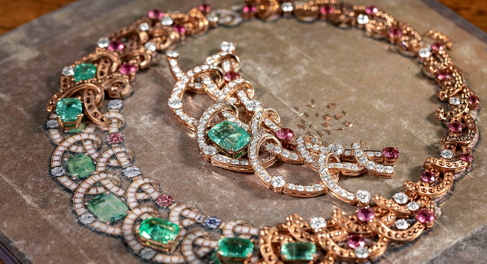 Bulgari Colour Journeys Paraiba Tourmaline High Jewellery Collection necklace with cushion-cut Paraiba tourmalines, pink tourmalines and diamonds 