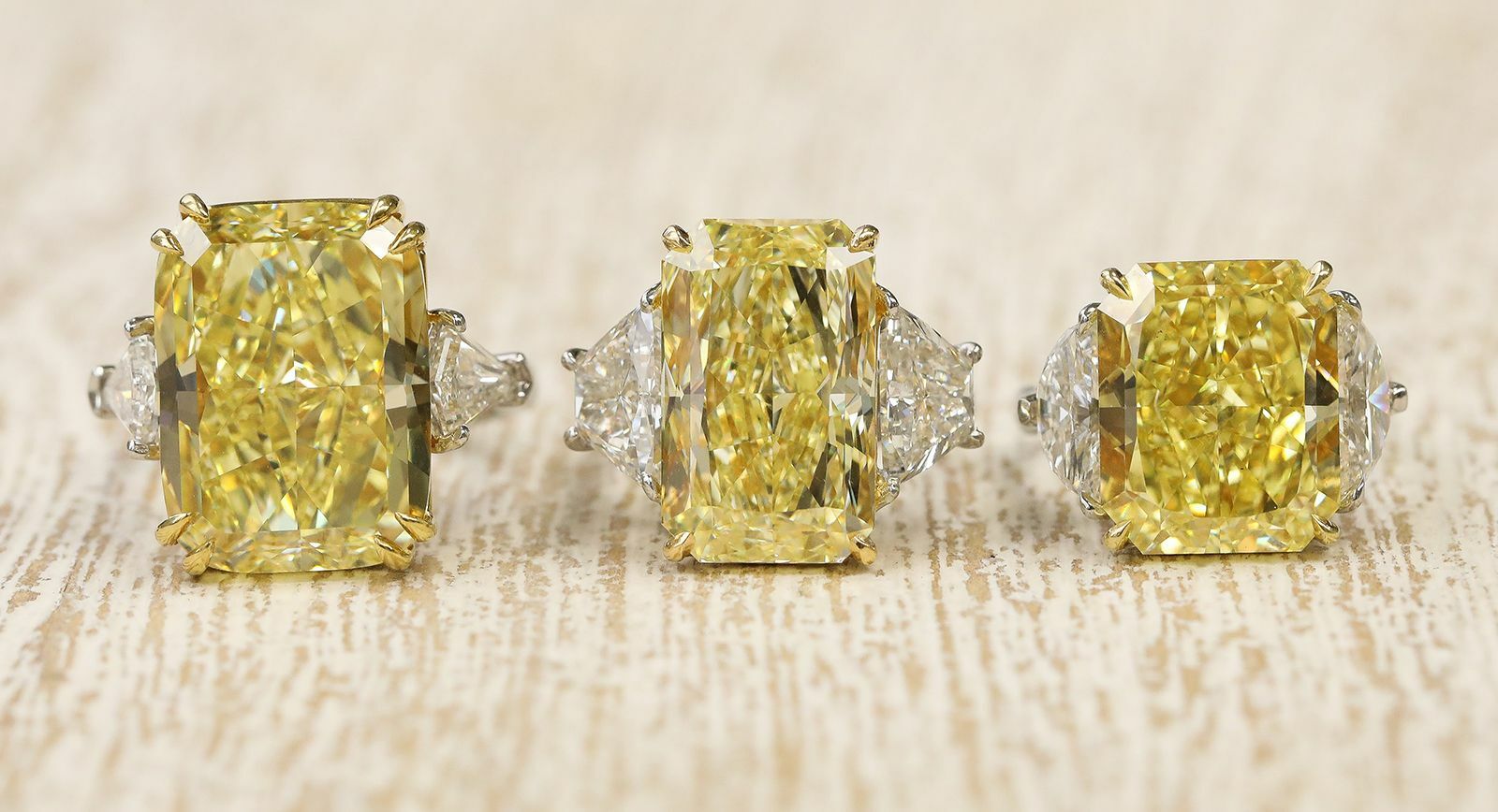 A trio of yellow diamond rings by Sam Karmeil at IceRock Diamonds in Los Angeles, California 