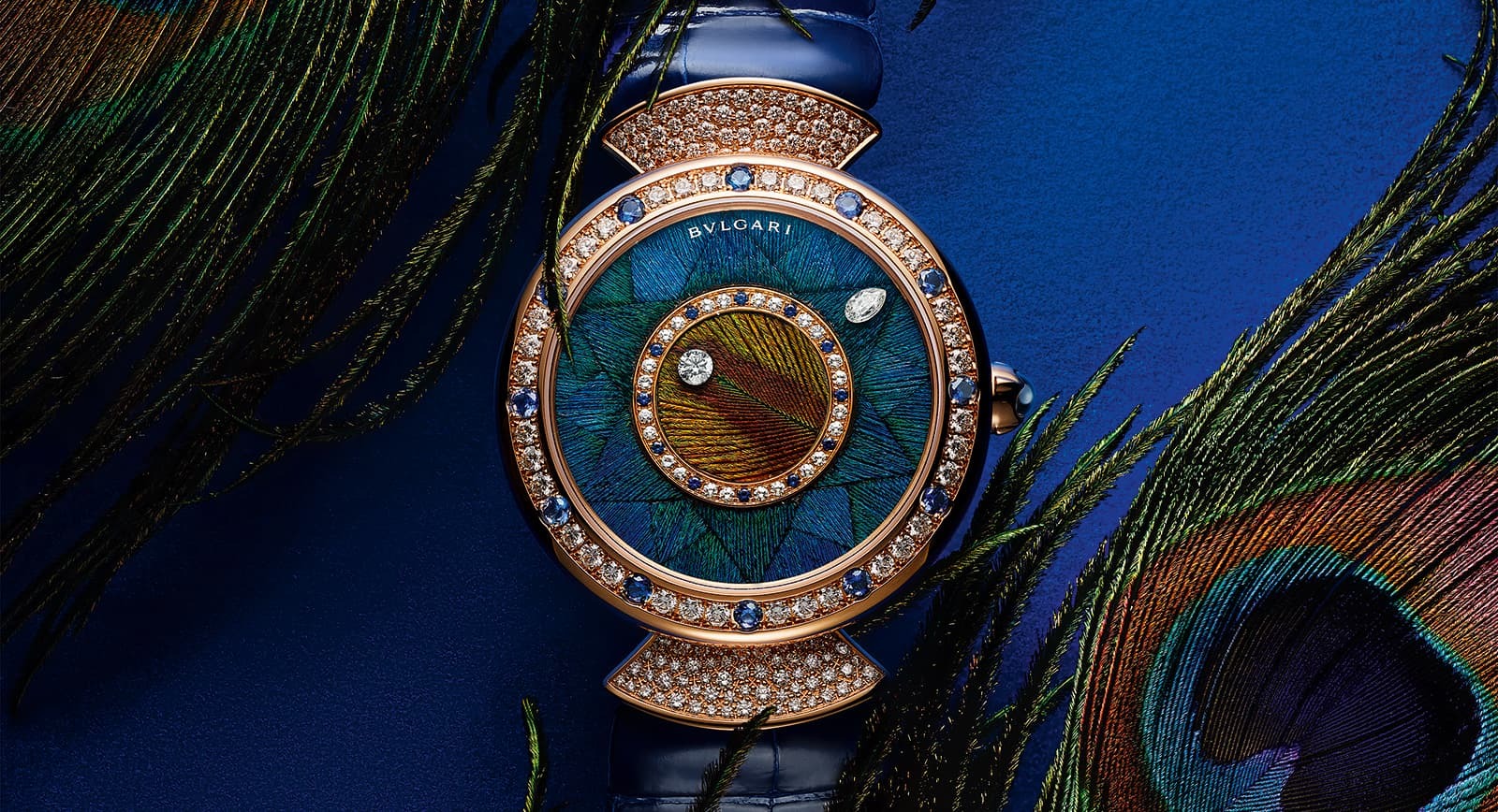The Bulgari Diva’s Dream Peacock Dischi watch in 18k rose gold, brilliant-cut diamonds and natural peacock feather marquetry