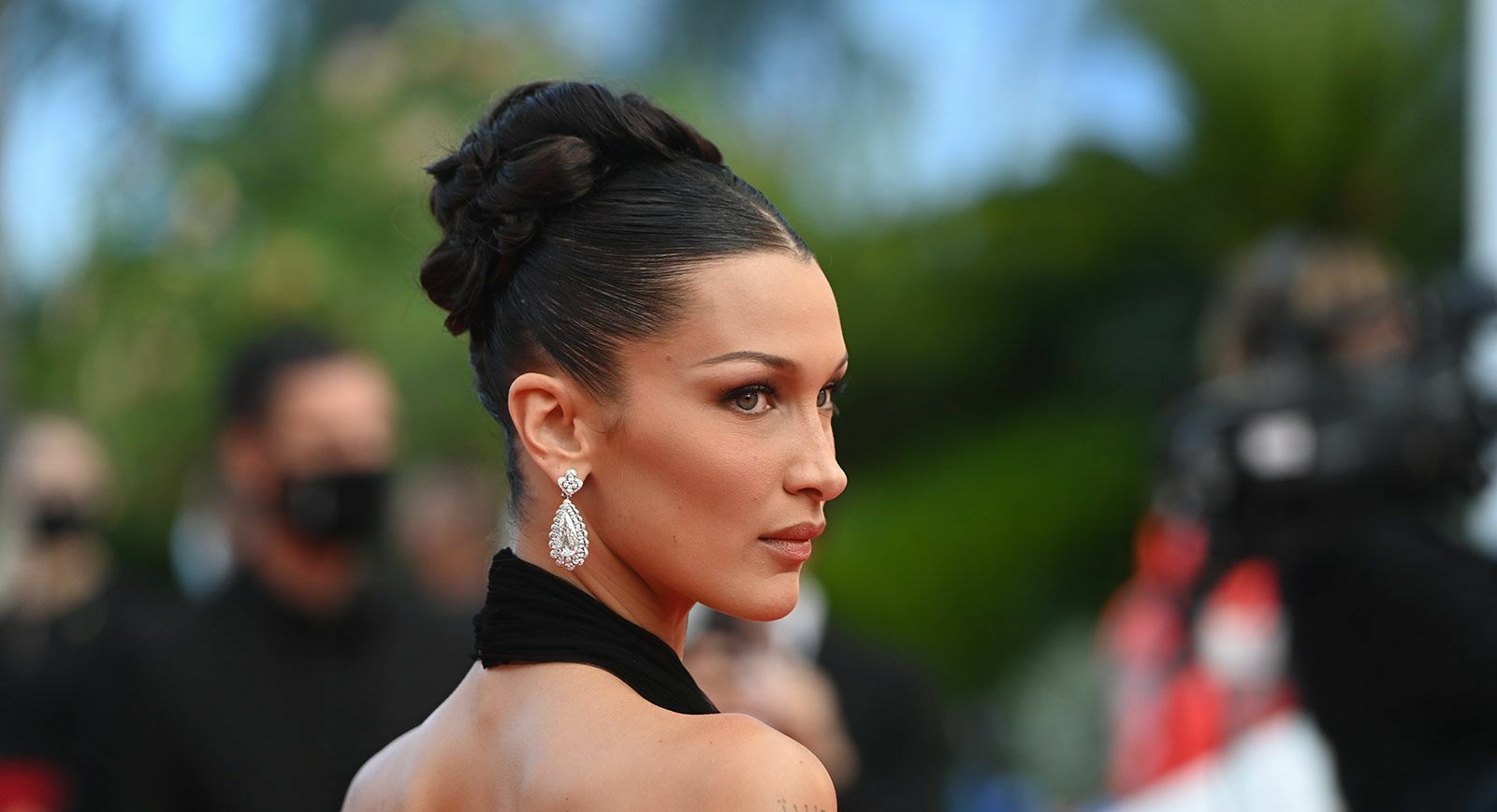 Bella Hadid in Chopard Red Caret Collection earrings at the Cannes Film Festival 2021