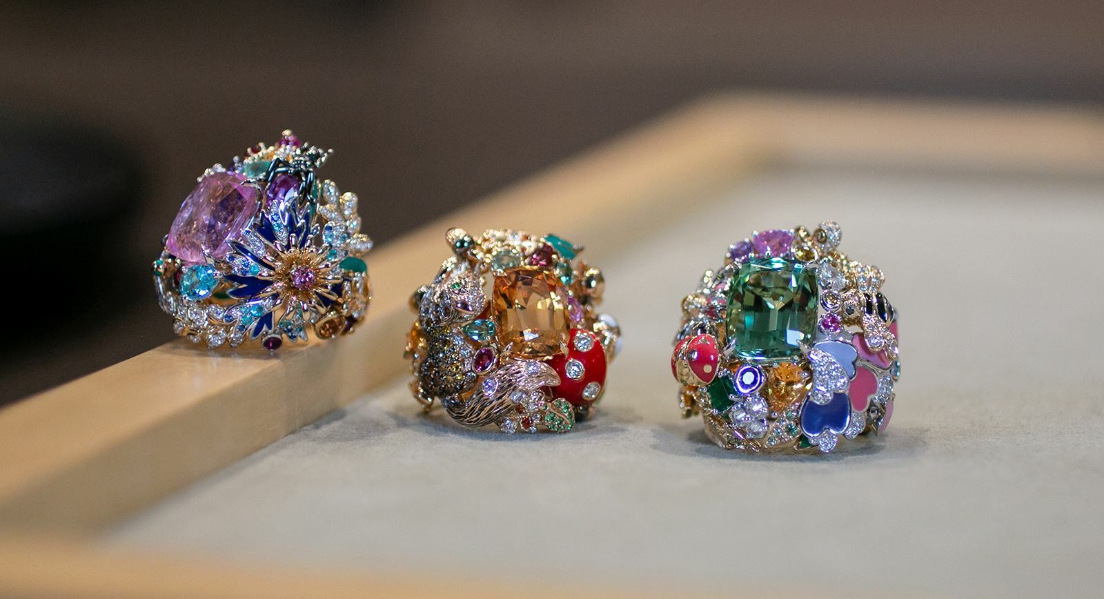 MATHON Paris Eté, Automne and Printemps cocktail rings with coloured gemstones 