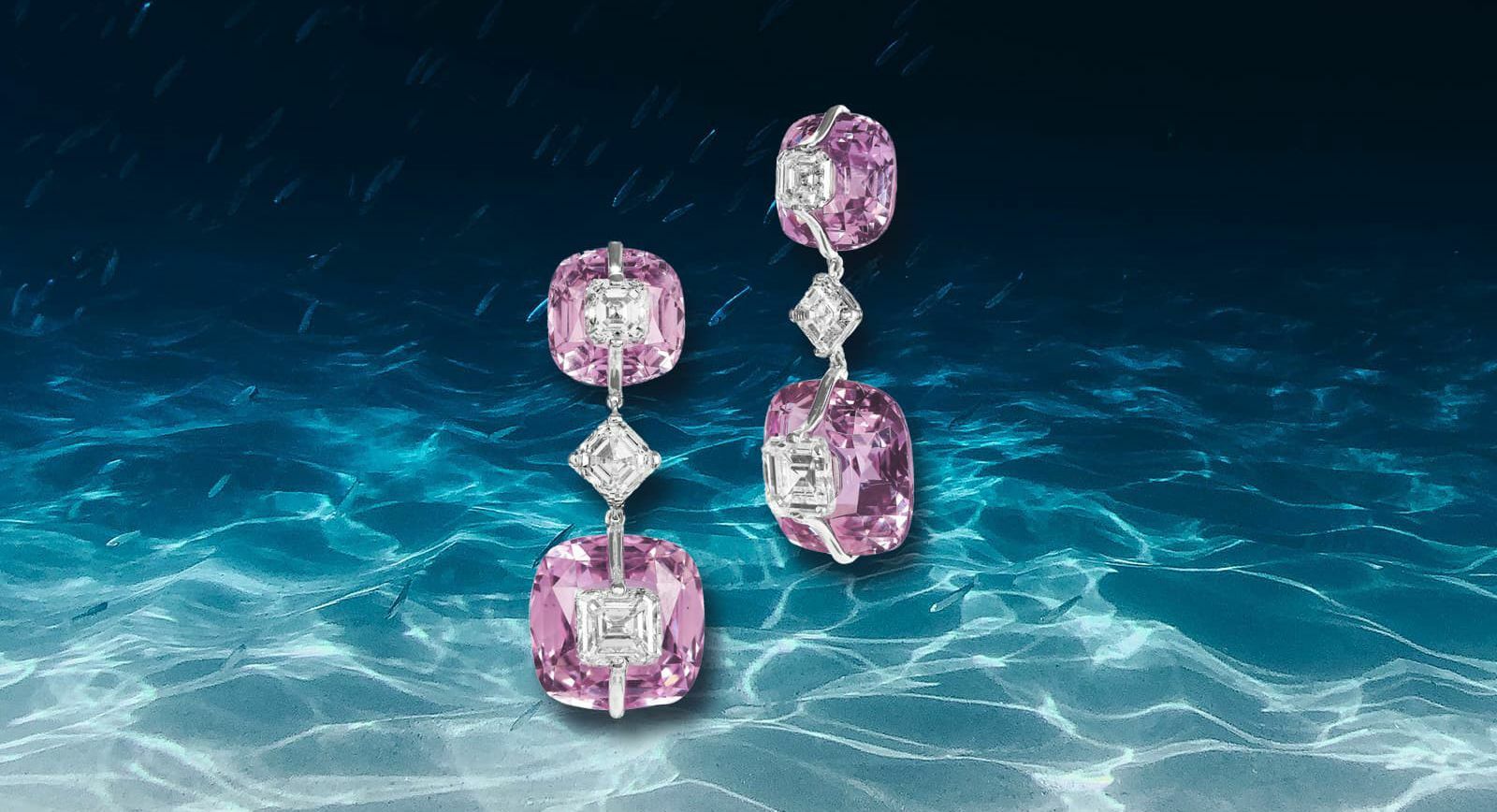 Boghossian Kissing Collection Coral Reef earrings with six square diamonds, four of which are set over kunzites using the ‘Kissing’ technique, in 18k white gold