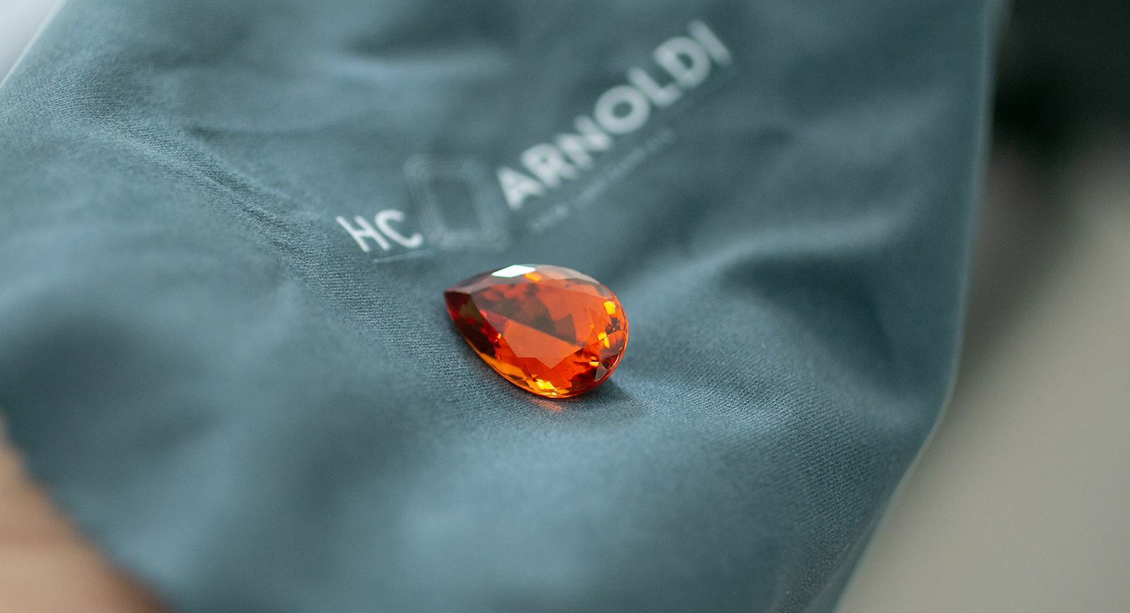 22.59 carat pear-shaped Mandarin garnet by Idar-Oberstein gem-cutting business HC Arnoldi 