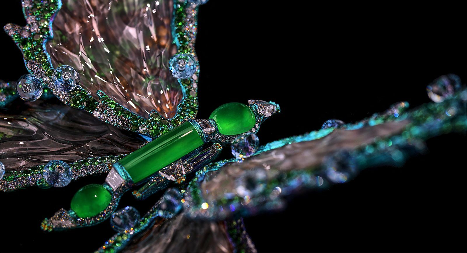 Wallace Chan Forever Dancing Butterfly and the Lake Brooch with jadeite, aquamarine, diamond, south sea pearl, tsavorite garnet, fancy coloured diamonds, mother of pearl, crystal and a real butterfly specimen in titanium