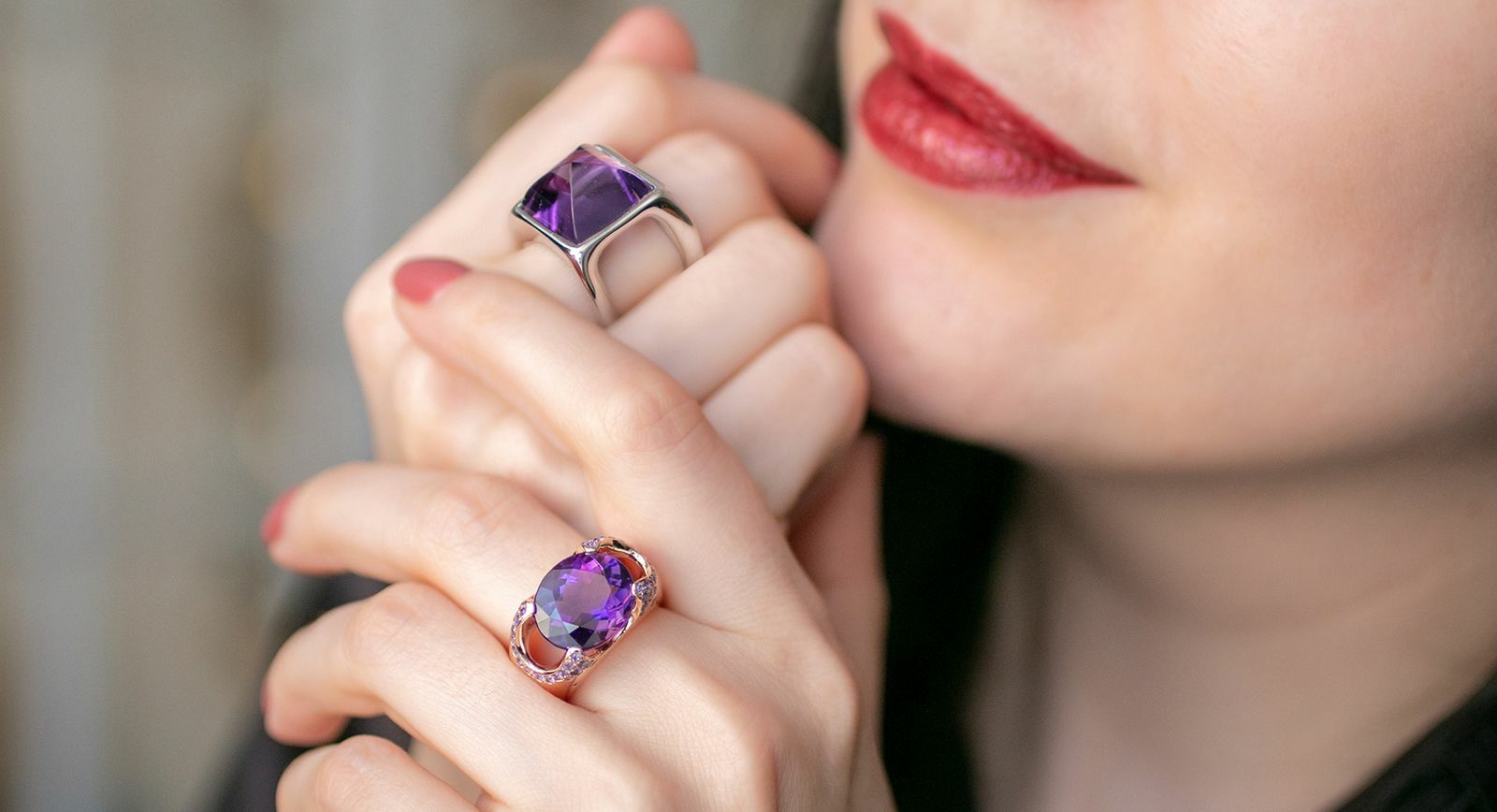Katerina Perez wears amethyst rings in the spirit of the February birthstone 