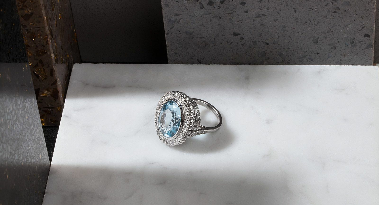 Maison Mirath Legend of Douma ring with a 22 carat aquamarine and diamonds