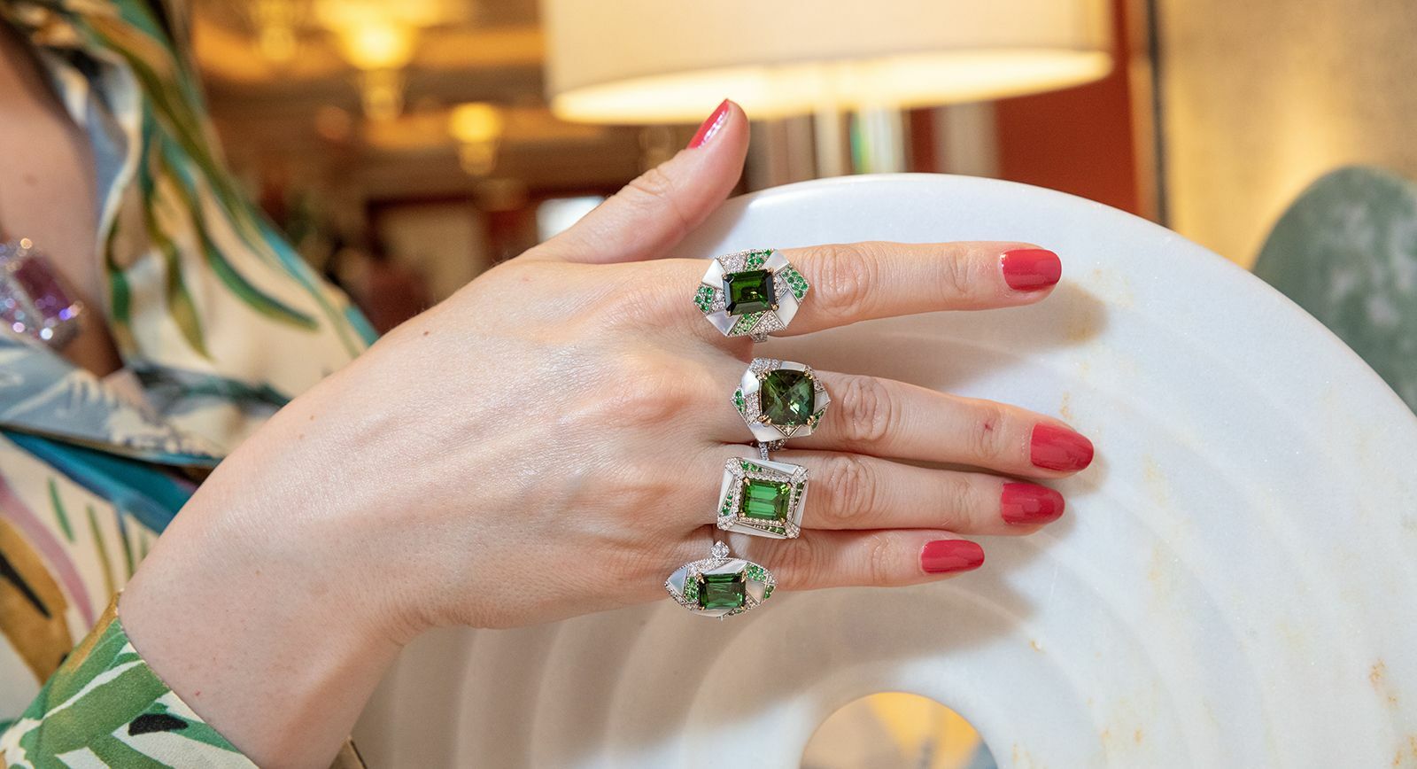 Sunita Nahata green tourmaline rings with tsavorites, mother of pearl and diamonds in 18k white and yellow gold 