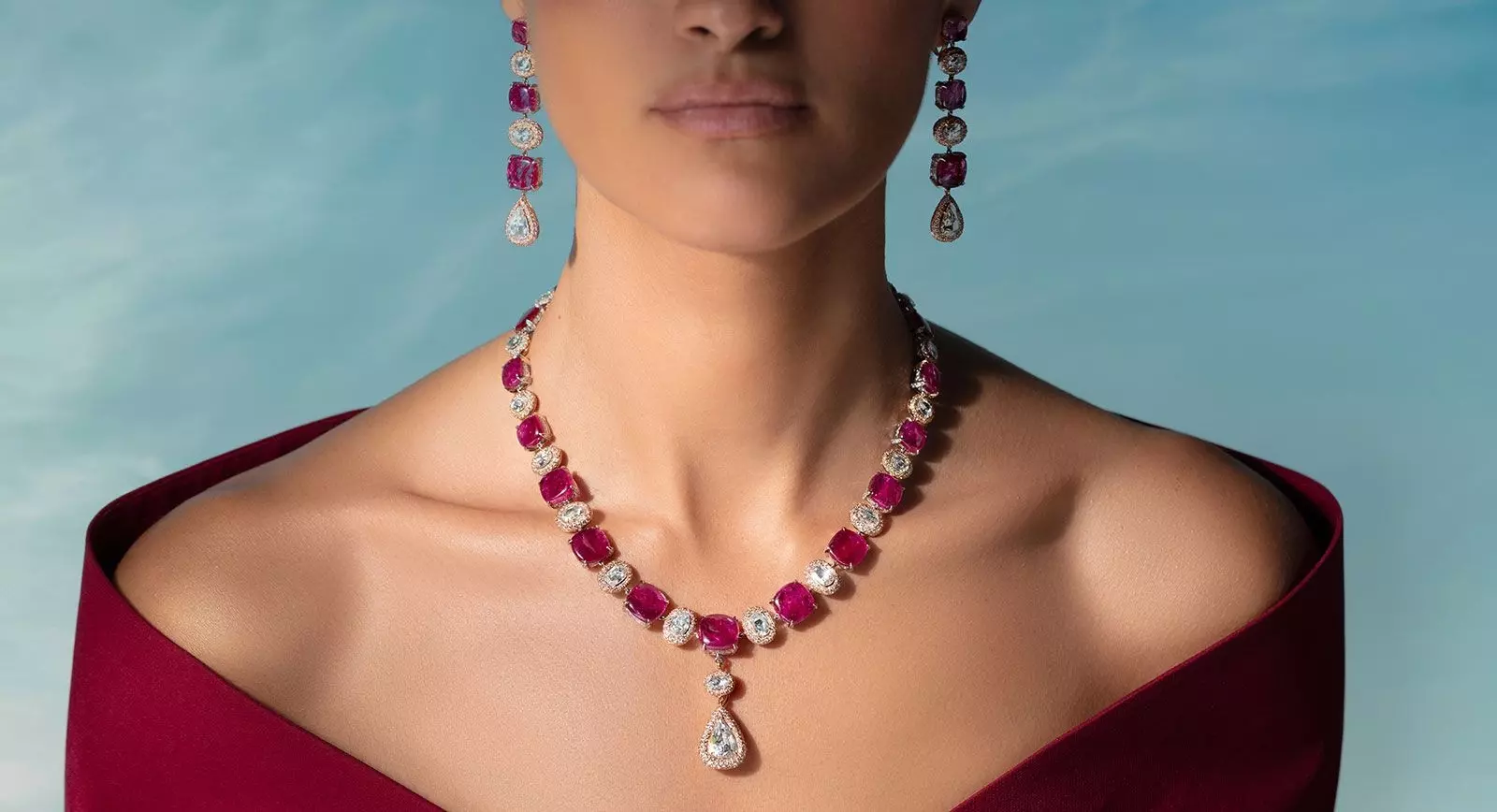 Alok Lodha ruby and diamond necklace with matching earrings 