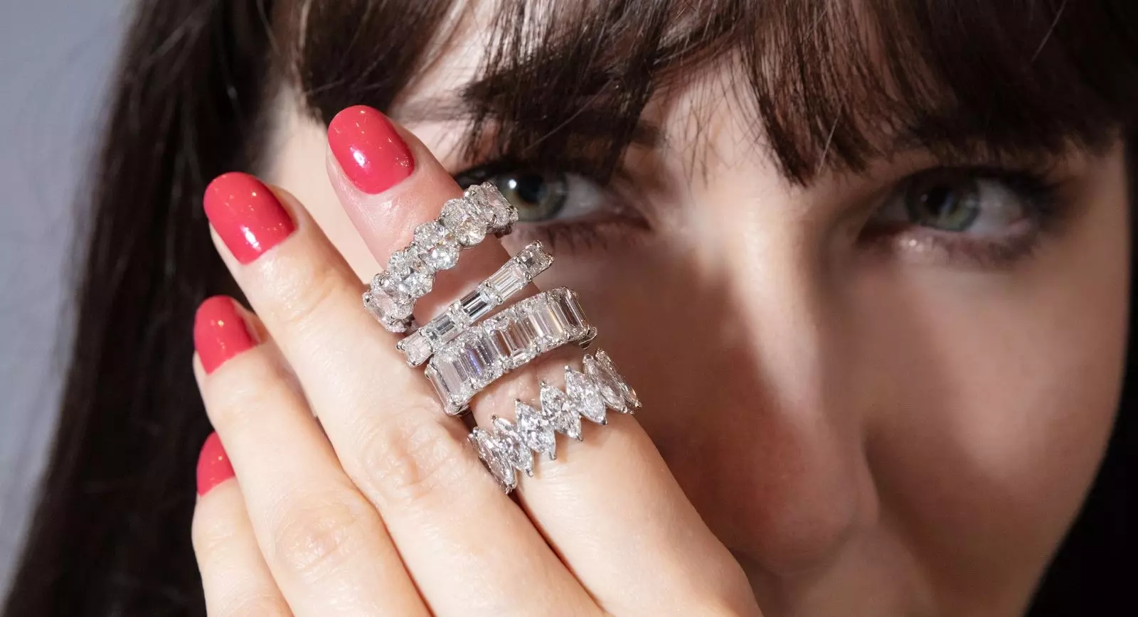 Katerina Perez wears Arazi Eternity rings set with fancy-cut diamonds