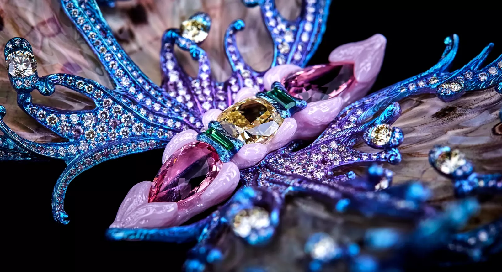 Wallace Chan Forever Dancing – Wind’s Tale brooch with yellow diamond, morganite, tsavorites, crystal, mother of pearl, fancy-colour diamonds, sapphires and real butterfly specimen in The Wallace Chan Porcelain and titanium