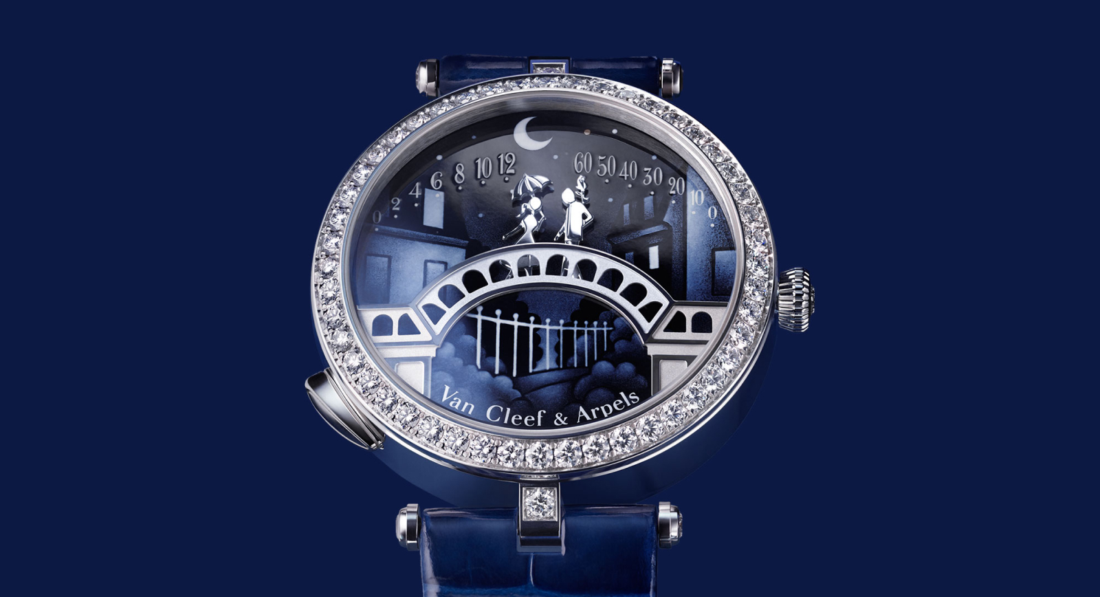 Van Cleef & Arpels Lady Arpels Pont des Amoreux watch with a 38mm case in white gold, a sculpted white gold and grisaille enamel dial, a diamond-set bezel and an alligator leather strap