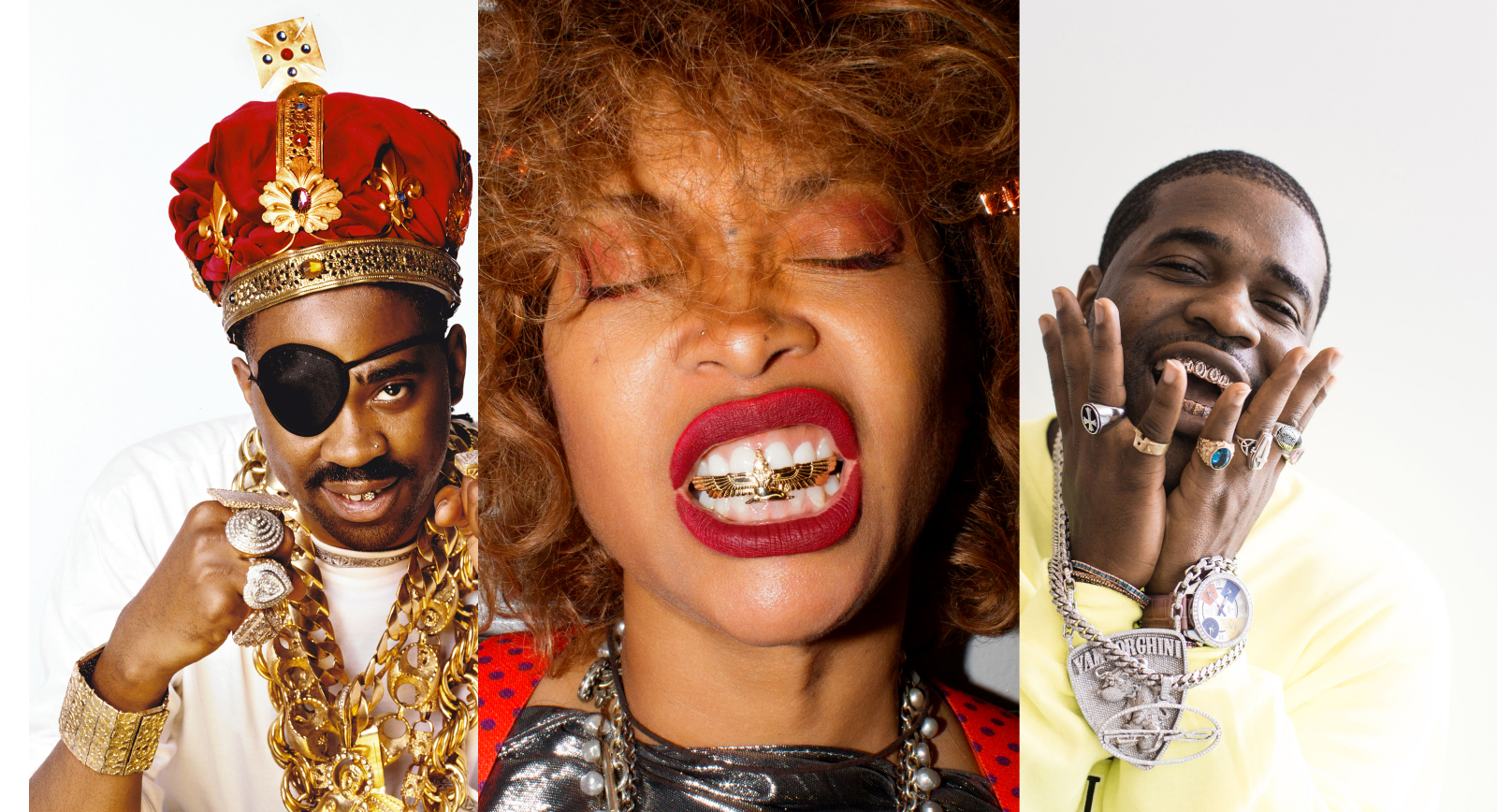 Ice Cold: An Exhibition of Hip-Hop Jewelry will present pieces worn by (from left to right) Slick Rick, Erykah Badu and FERG. 