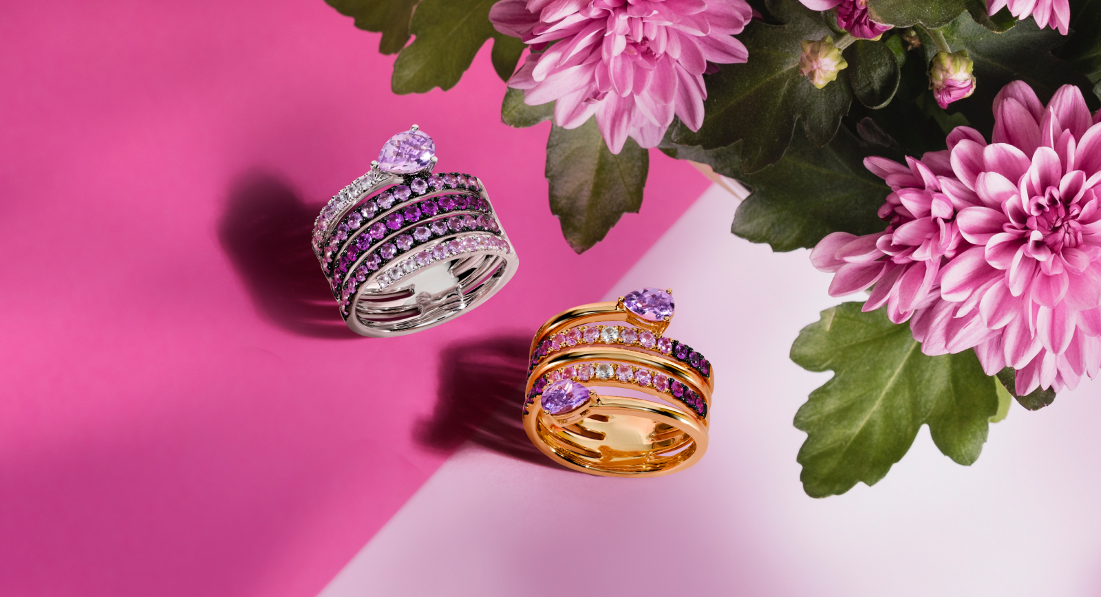 Le Vian Ombrè® ring (top) with Cotton Candy Amethyst and Strawberry Ombrè® Sapphires, set in 14K Vanilla Gold®, and the Le Vian Ombrè® ring with Cotton Candy Amethyst®, Strawberry Ombrè® Sapphires, and Vanilla Sapphire™,  set in 14K Strawberry Gold®