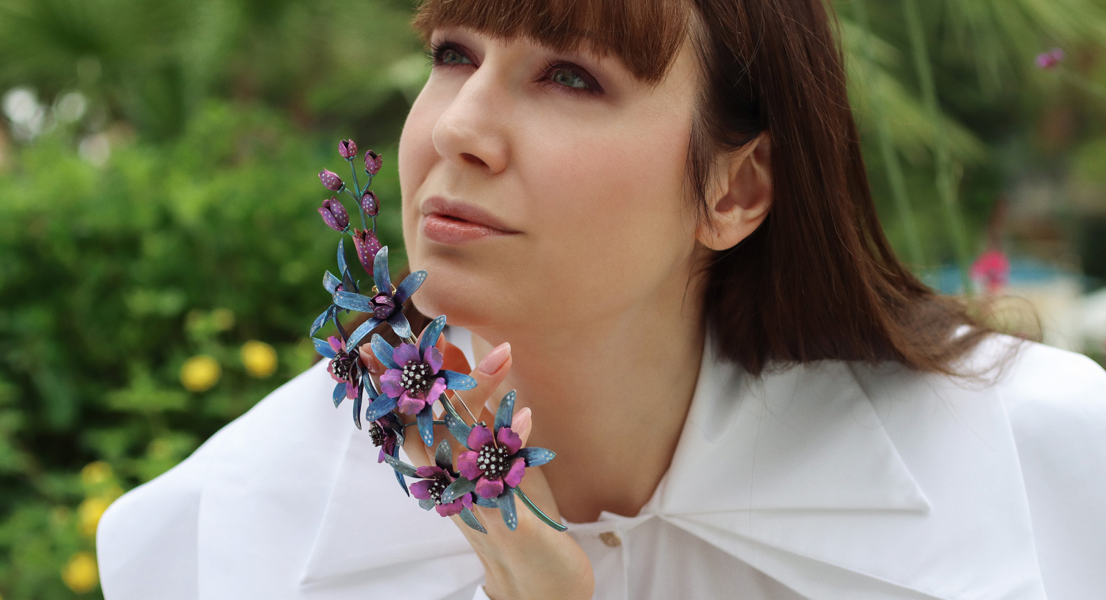 Katerina Perez holds a Gilin titanium, 18k white and 18k yellow gold brooch set with more than 600 brilliant- and single-cut diamonds totalling 6.27 carats 