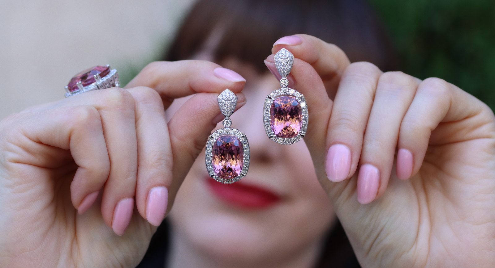 Sunita Nahata Blush collection earrings with cushion-cut pink tourmalines of 35.67 carats, princess-cut diamonds and round brilliant-cut diamonds, set in 18k white gold 