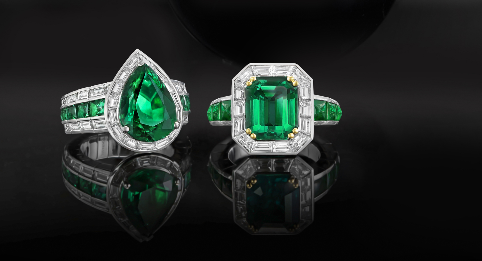 Picchiotti Xpandable rings including one with a pear-shaped 6.11 carat Zambian emerald (left) and a second with an octagonal Colombian emerald of 5.41 carats 