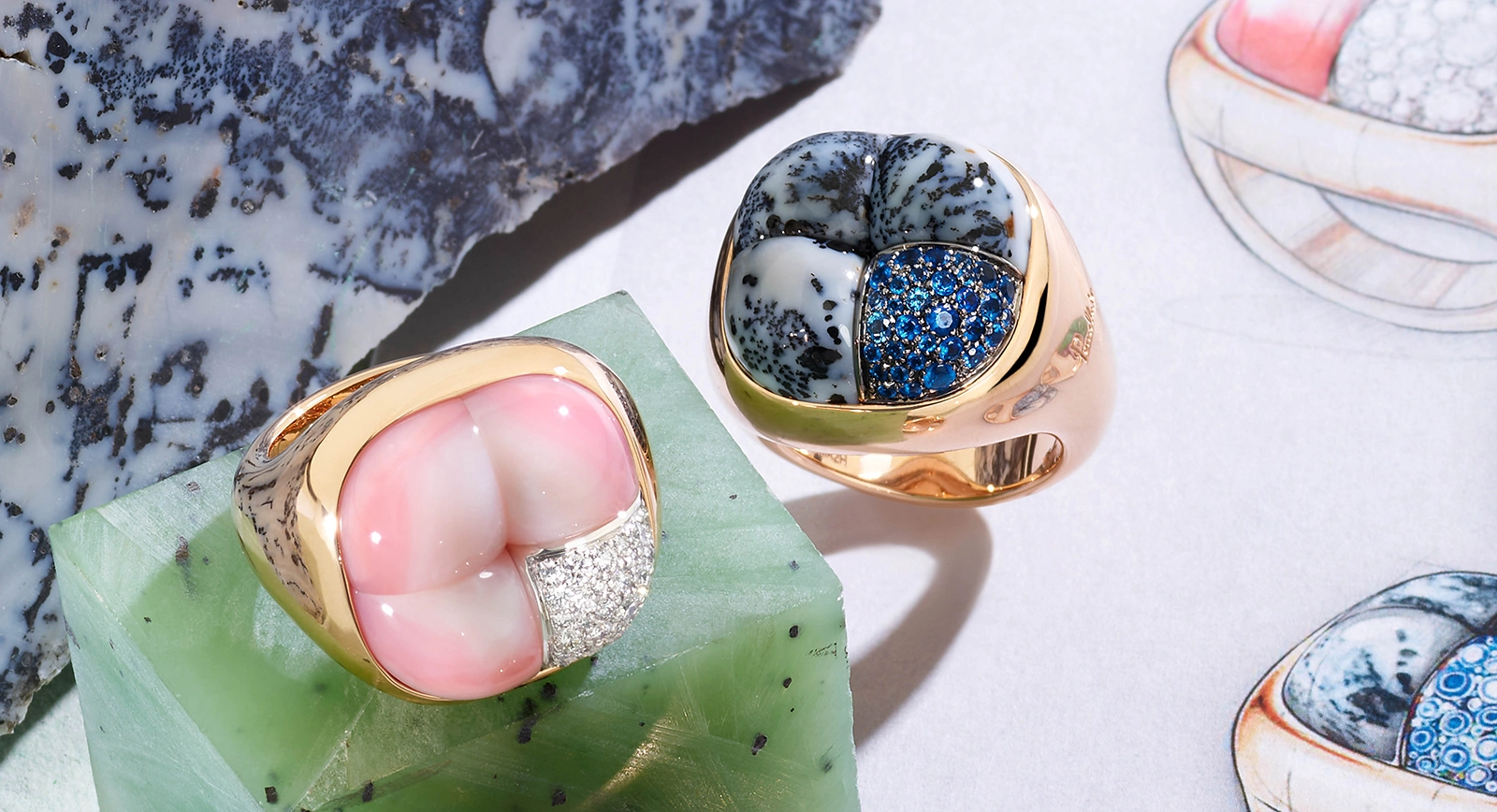 Mosaico rings reimagined by Pomellato with garnet and brown diamonds (left), dendritic opal and hauynites (right), both set in rose gold