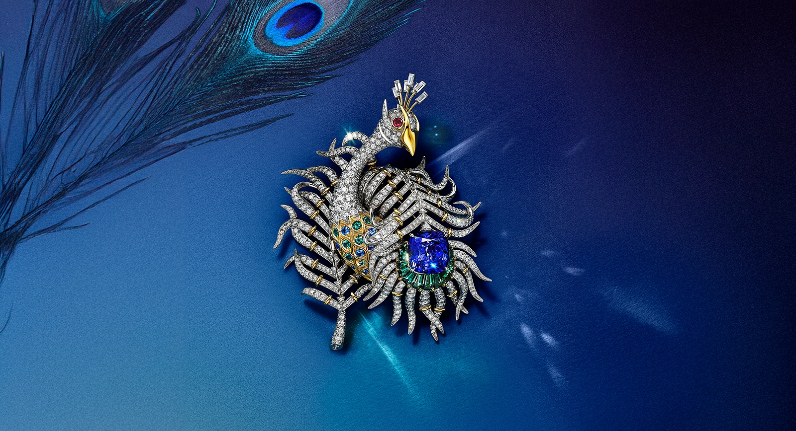 Tiffany Céleste peacock brooch from the Blue Book 2024, set with a tanzanite of over 13 carats, diamonds and gemstones in 18k gold