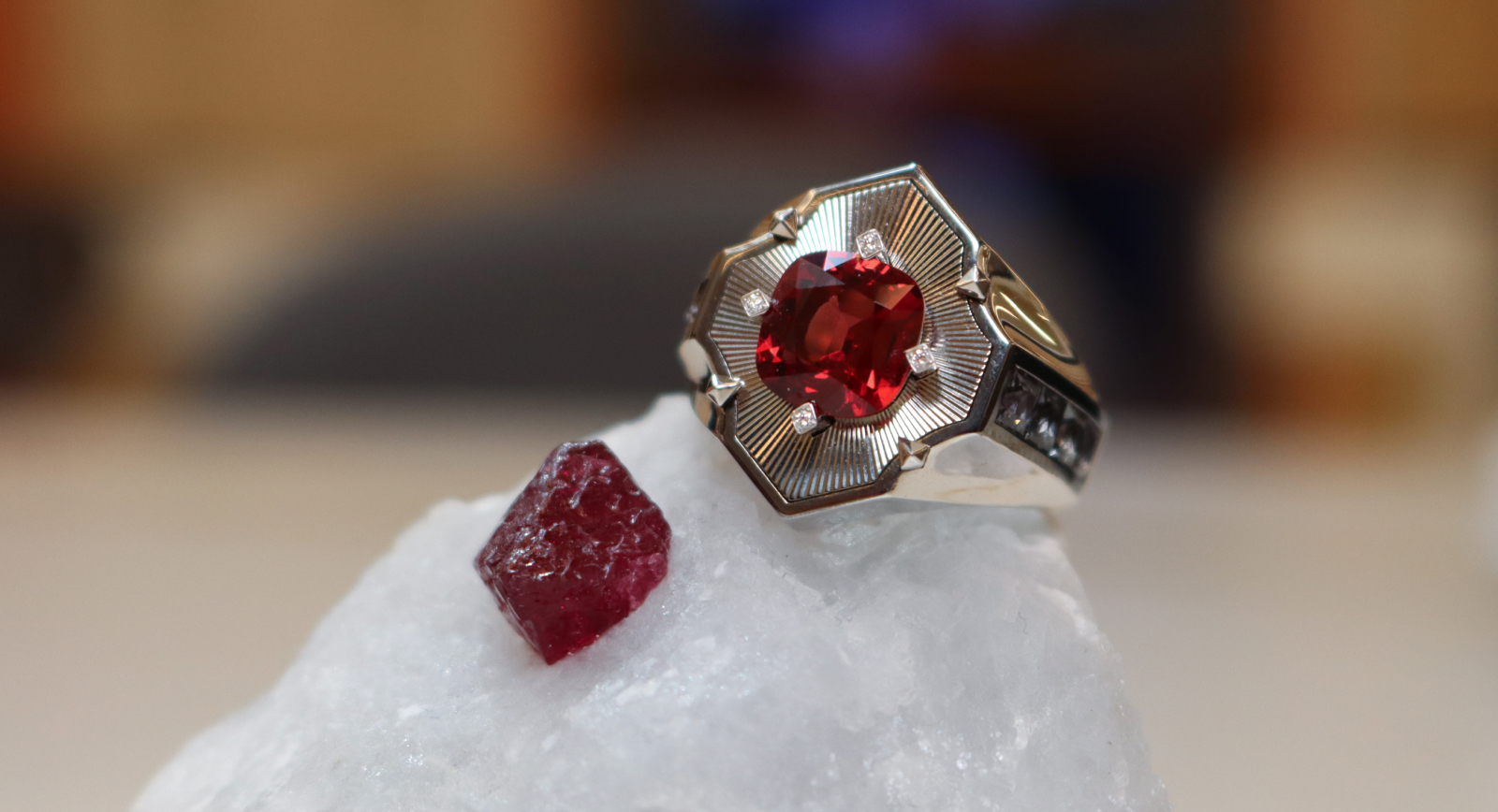 MADLY ready to wear unisex ring with red spinel and grey spinel in titanium 